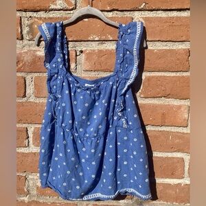 Old Navy XXL Blue Embroidered Babydoll Top Flutter Sleeve Peasant Boho